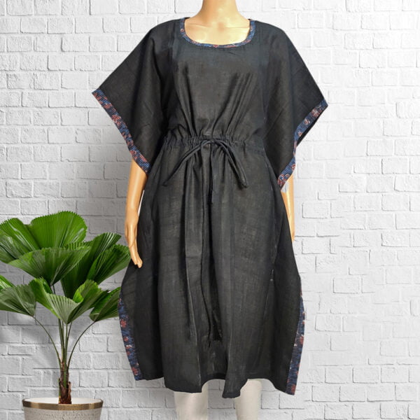 Black Cotton Short Kaftan with Printed Border