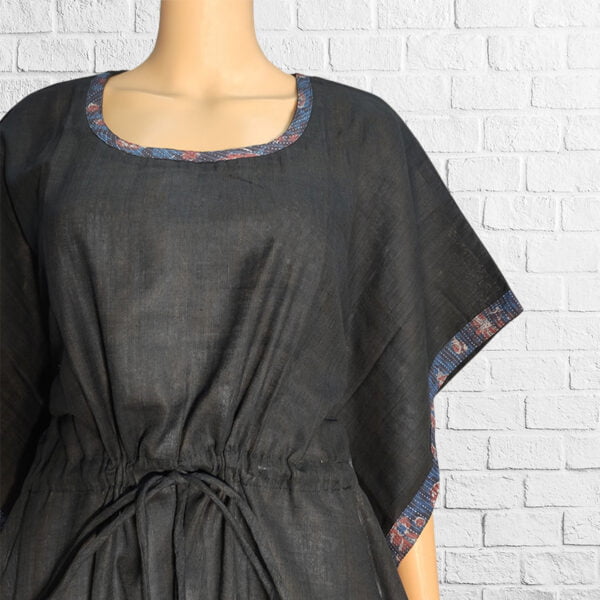 Black Cotton Short Kaftan with Printed Border - Image 3