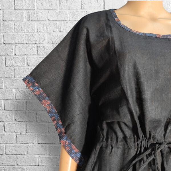 Black Cotton Short Kaftan with Printed Border - Image 4