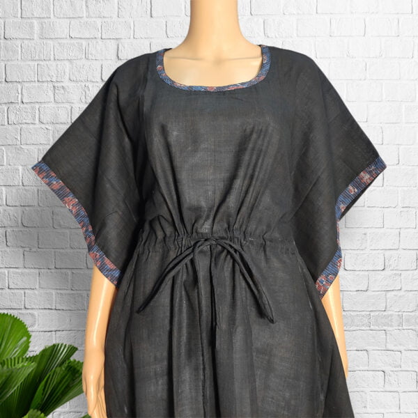 Black Cotton Short Kaftan with Printed Border - Image 2