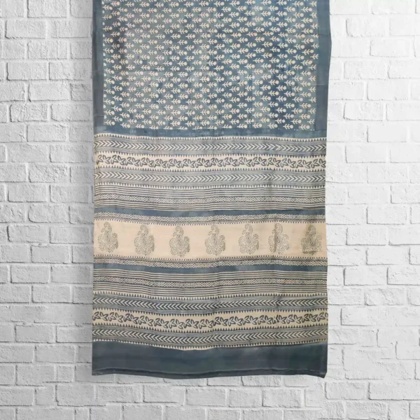 Matte Grayish Blue Abstract Block Printed Saree