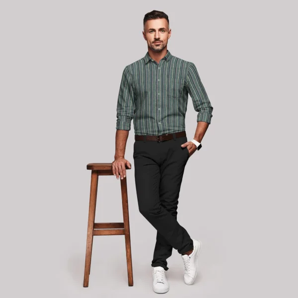 Cotton Green Striped Full Sleeve Shirt - Image 2