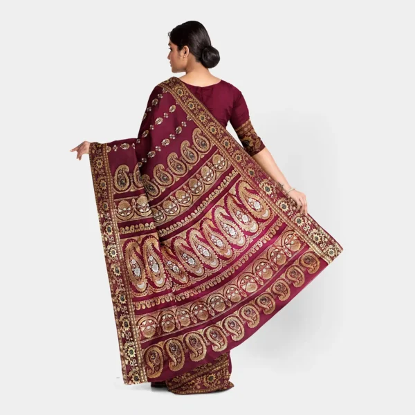 Golden Zari Work Maroon Silk Swarnachari Saree - Image 3