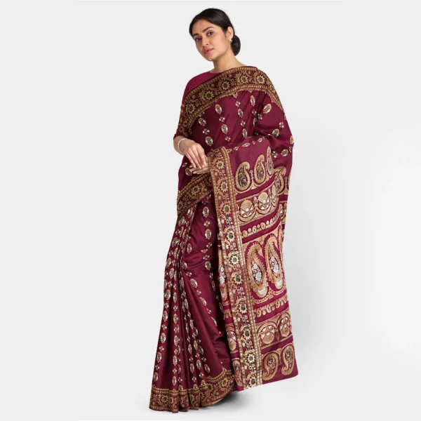 Golden Zari Work Maroon Silk Swarnachari Saree - Image 2