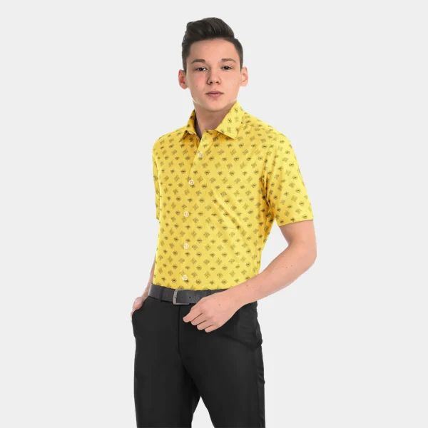 Yellow With Black Printed Muslin Half Sleeve Shirt - Image 4