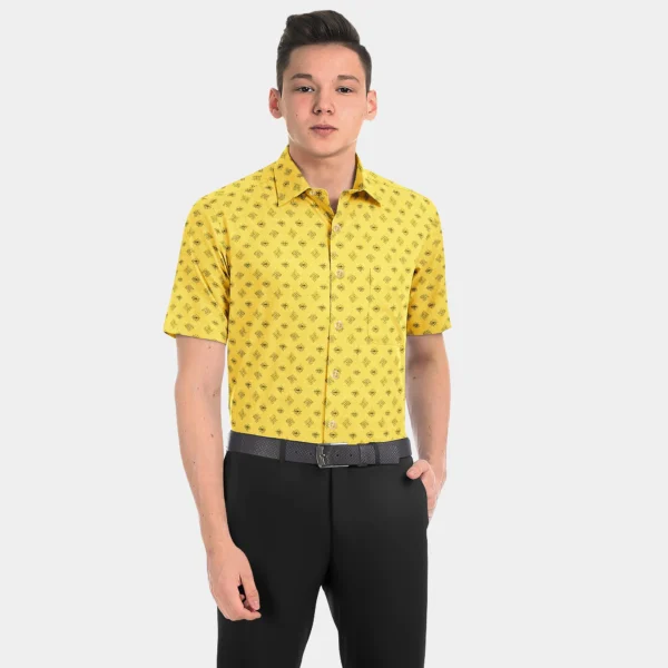 Yellow With Black Printed Muslin Half Sleeve Shirt - Image 2