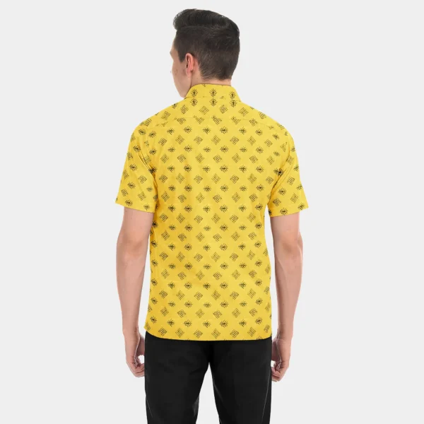 Yellow With Black Printed Muslin Half Sleeve Shirt - Image 3