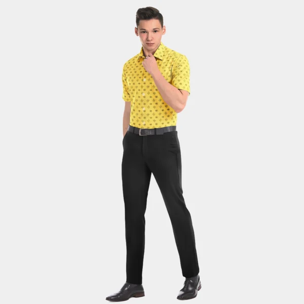 Yellow With Black Printed Muslin Half Sleeve Shirt