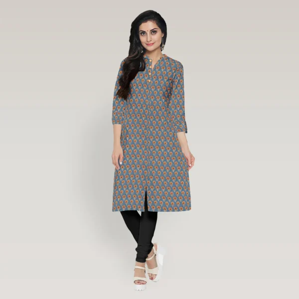 Admiral Blue With Floral Ajrakh Print Women's Kurta