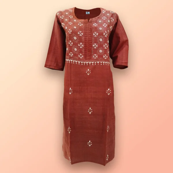 Brown With Kantha Work Cotton Women's Kurta