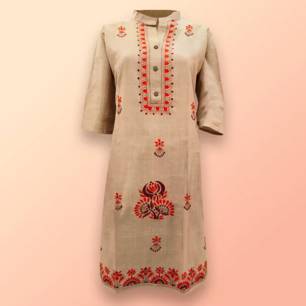 Light Brown With Red Kantha Work Women Kurta