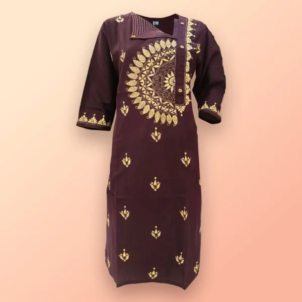 Maroon With Yellow Kantha Work Cotton Women Kurta