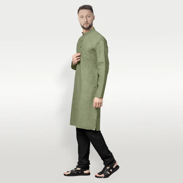 Green With Light Yellow Stripe Cotton Kurta - Image 3