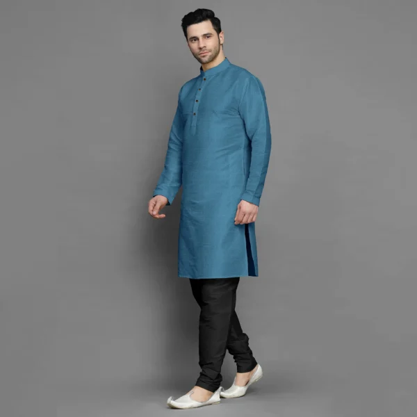 Steel Blue Silk Men Kurta - Image 2