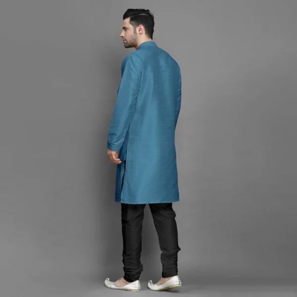 Steel Blue Silk Men Kurta - Image 3